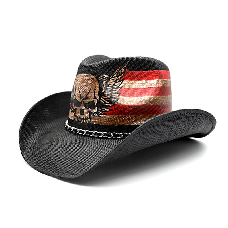 Retro Punk Guitar Skull Beauty Straw Cowboy Hat Sun Protection Sunshade