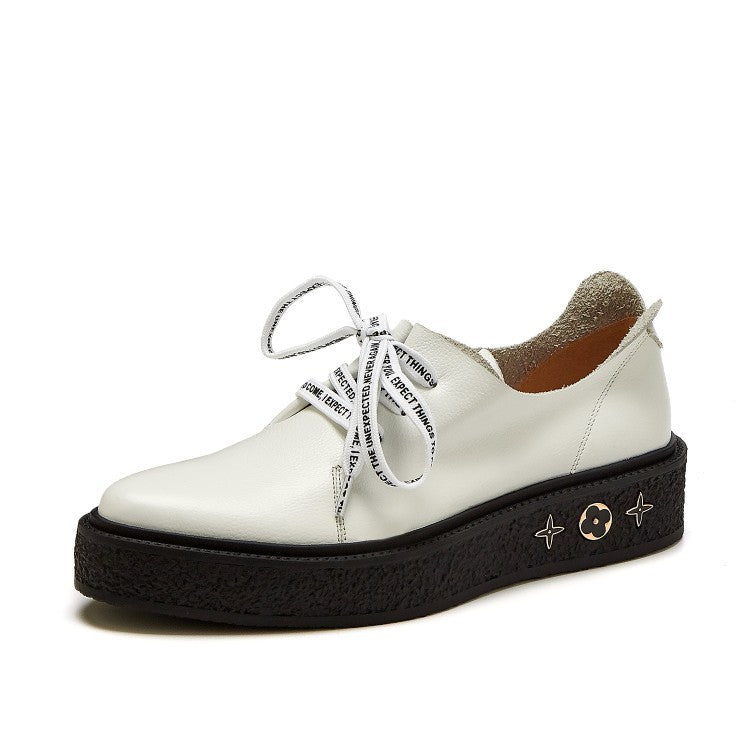 Low-Cut Casual Thick-Soled First Layer Cowhide Women's Shoes White Mid-Heel Shoes