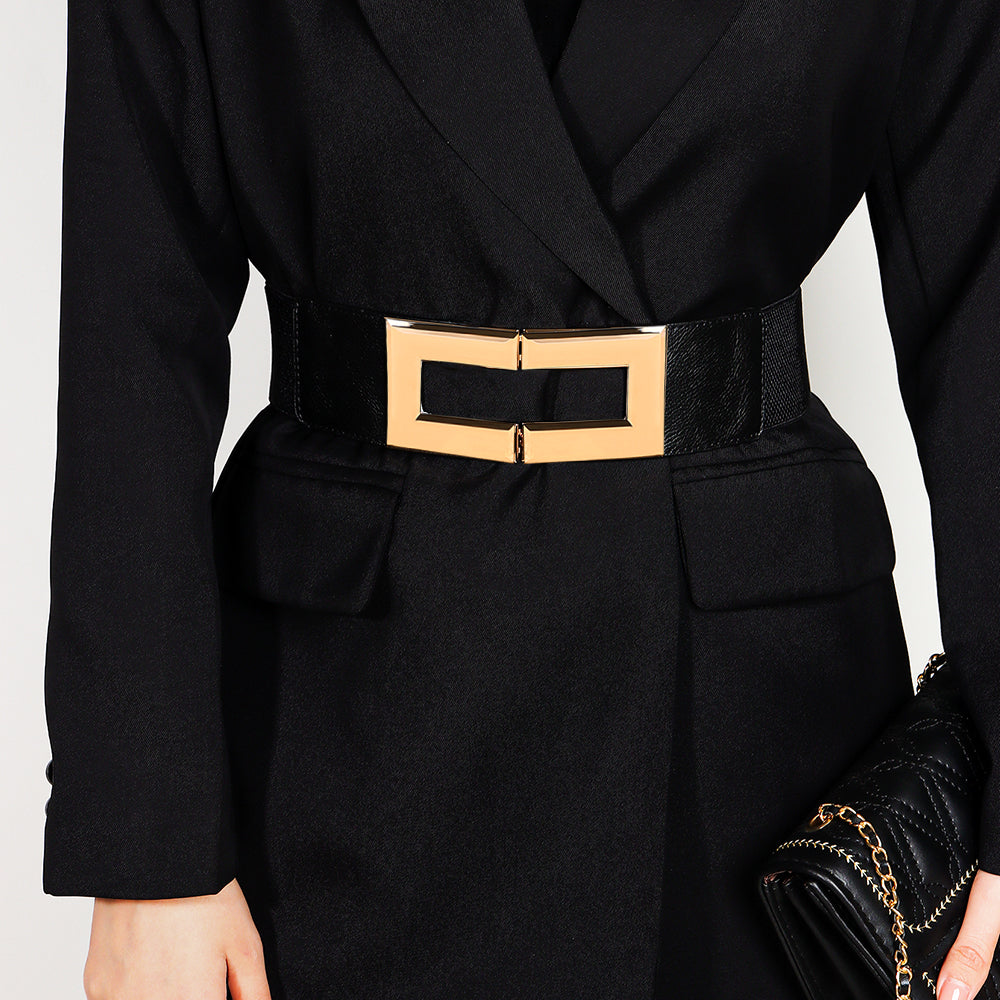 Women's Simple Temperament Elastic Wide Belt Metal Square Buckle Belt Suit Jacket Dress Multi-colored Casual Belt